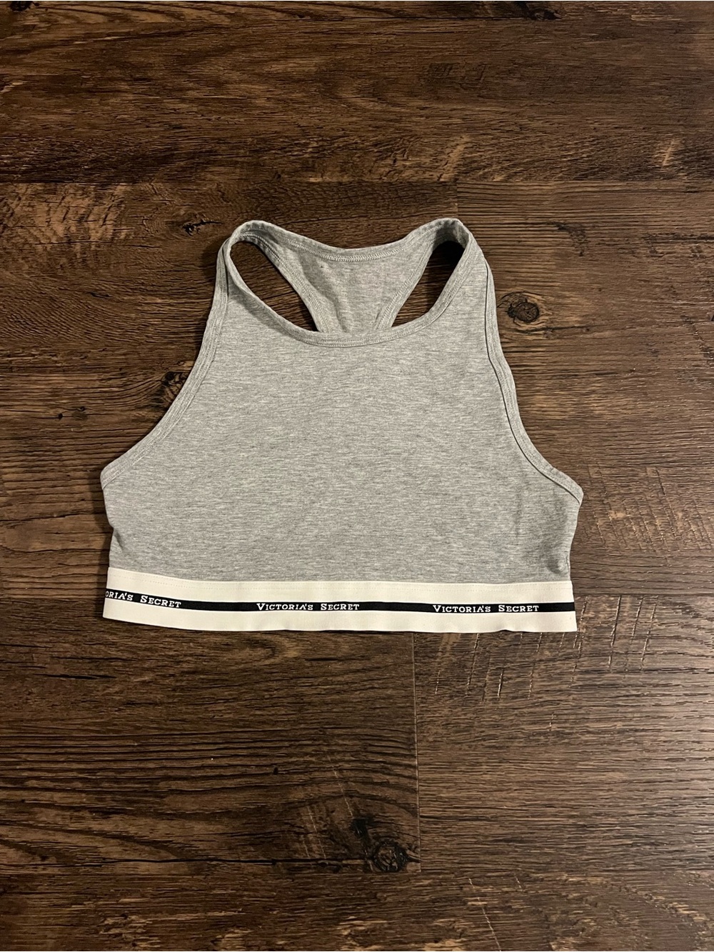 Victoria's Secret logo Grey Racerback Sports Bra small sheer no liner